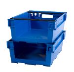 Plastic box for picking, nests when empty and stacks on bale arms