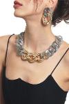 Women's Thick Chain Shaped Smoky Gray & Gold Color Resin Necklace & Earring Set