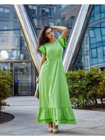 Loose cotton maxi dress with frill neon green 0598