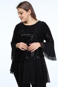 Large Size Black Color Sequined Long Sleeve Chiffon Tunic