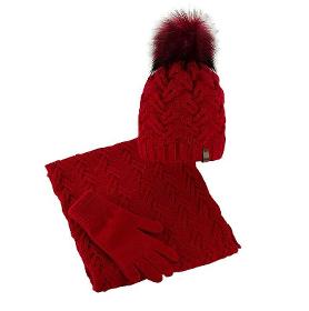 Women's winter set, hat with braids, infinity scarf gloves, red