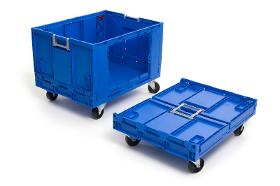 Folding box with wheels and aperture for picking