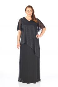 Plus Size Black Colored Glittery Asymmetrical Chiffon Dress