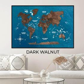3D Wooden Panel World Map Dark Walnut