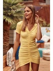 Yellow FG602 fitted dress with ruffles