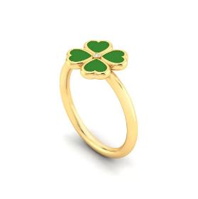 Diamond-Centered Four-Leaf Clover Ring with Green Enamel