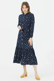 Standing collar polka dot long dress - navy blue