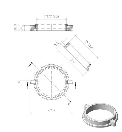 9928/G Low ring nut 2 flaps for drain 1