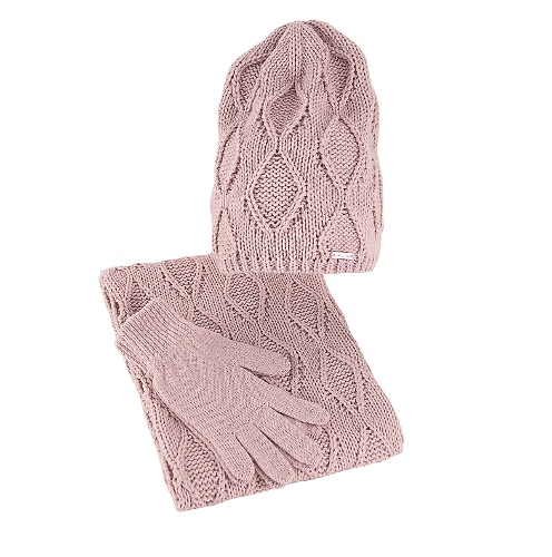Autumn women's set, hat, infinity scarf, gloves, without a pompom, pink