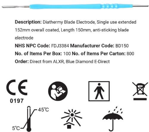 Diathermy Blade Electrode, Single use extended 152mm overall