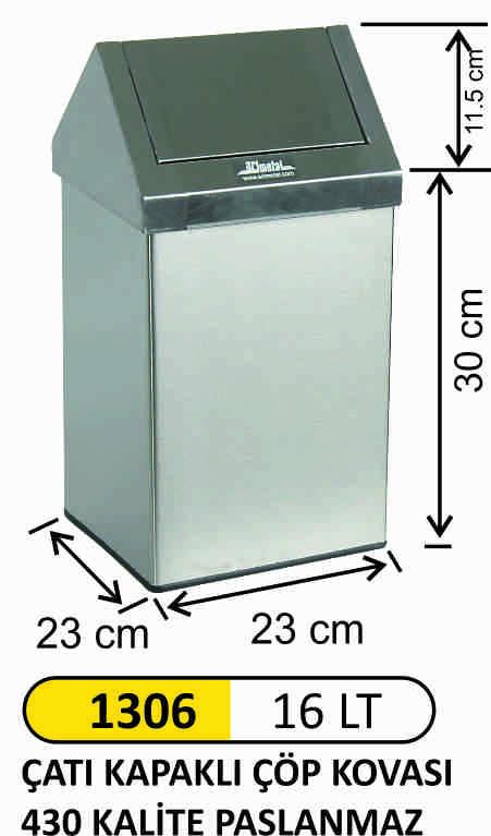 1306 16LT Roof Covered Waste bin 430 Quality Stainless Steel