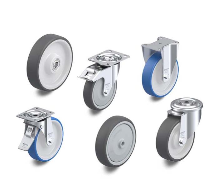 Wheels and castors with injection-moulded polyurethane tread