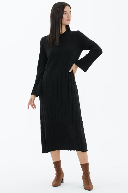 Zero collar derbili knitwear dress - black