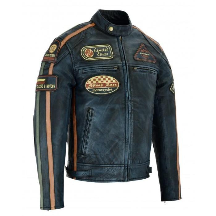 Mens British Motorcycle Black Wax Leather Badges Jacket