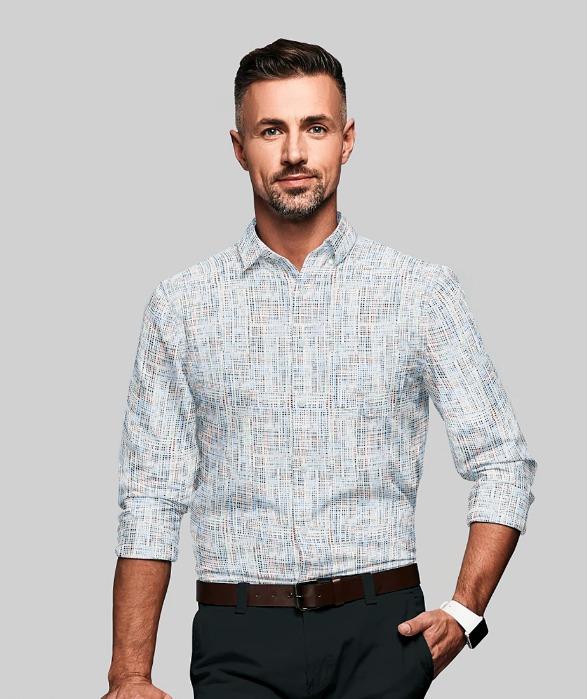 White Shirt with Blue and Red Motifs