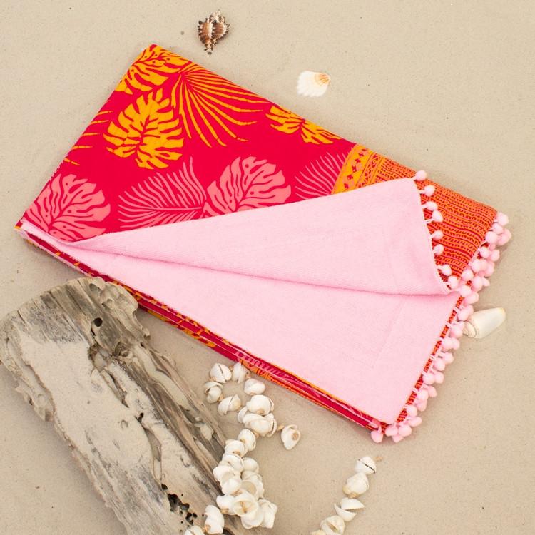 Bali Beach Towel With Pompoms "pink Leaves"