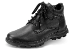 Black men's boots with metal logo and decorative stitching