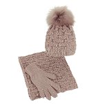 Winter set for women, a hat with a pompom, infinity scarf and gloves, pink