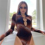 S-L Women Sexy Graphic Printed Lapel Cut Out Long Sleeve Bodysuit
