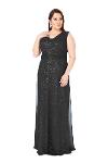 Plus Size Sleeveless Black Color Glittery Tulle Long Evening Dress