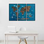 3D Wooden Triptych World Map Dark Walnut