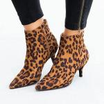 Pointed-Toe Mid Heel Leopard Ankle Boots Shoes