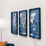 3D Wooden Triptych World Map Aqua