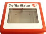 Defibrillator box with integrated alarm
