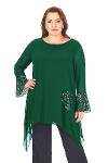 Large Size Green Colored Asymmetrical Cut Sequined Chiffon Tunic