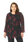 Plus Size Red Colored Rose Patterned Chiffon Blouse