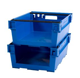 Plastic box for picking, nests when empty and stacks on bale arms