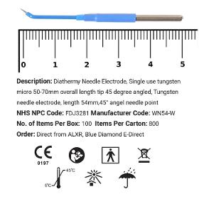 Diathermy Needle Electrode, Single use tungsten micro 50-70m