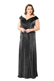 Plus Size Black Colored Silvery Boat Neck Evening Dress