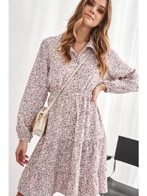 Floral dress with a collar white and pink 7107