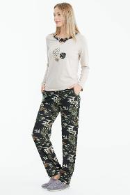 Embroidery detailed patterned pajamas set - mink