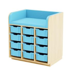 Changing table with storage compartments and mattress.