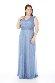 Plus Size Sleeveless Light Blue Colored Glittery Tulle Long Evening Dress