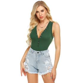 S-XXL Solid Color Deep V-Neck Sleeveless Single-Breasted Bodysuits