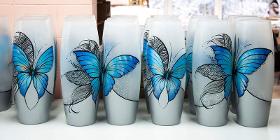 Blue butterfly floor Vase | Large Handpainted Glass Vase for Flowers | Room