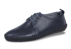 Dark blue men's leather shoes with decorative stitching