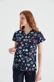 Elastane Medical Blouse, Bluemarine with Print, Women - Hearts Pattern