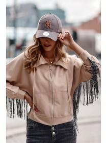 Ladies' beige oversize sweatshirt with fringes FI671