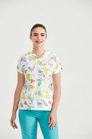 White Medical Blouse with Print, For Women - Birdie Model