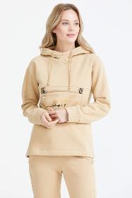 Wide pattern hooded front pocket tracksuit set - beige