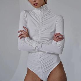 S-L Women Fashion Solid Color Turtle Neck Creased Long Sleeve Bodysuit