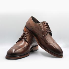 Genuine Leather Brown Laced Embroidered Men's Shoes with Aged Detail
