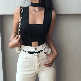 Women Sexy Round Neck Cut Out Sleeveless Solid Color Bodysuit