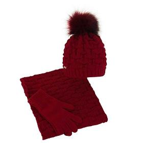 Women's knitted set: hat infinity scarf gloves red