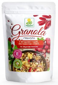Granola With Stevia Extract, Goji Berries, Flax Seeds and Candied Cranberries