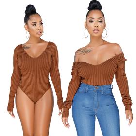 S-3XL Sexy Deep V-Neck Long-Sleeve Solid Color Bodysuits